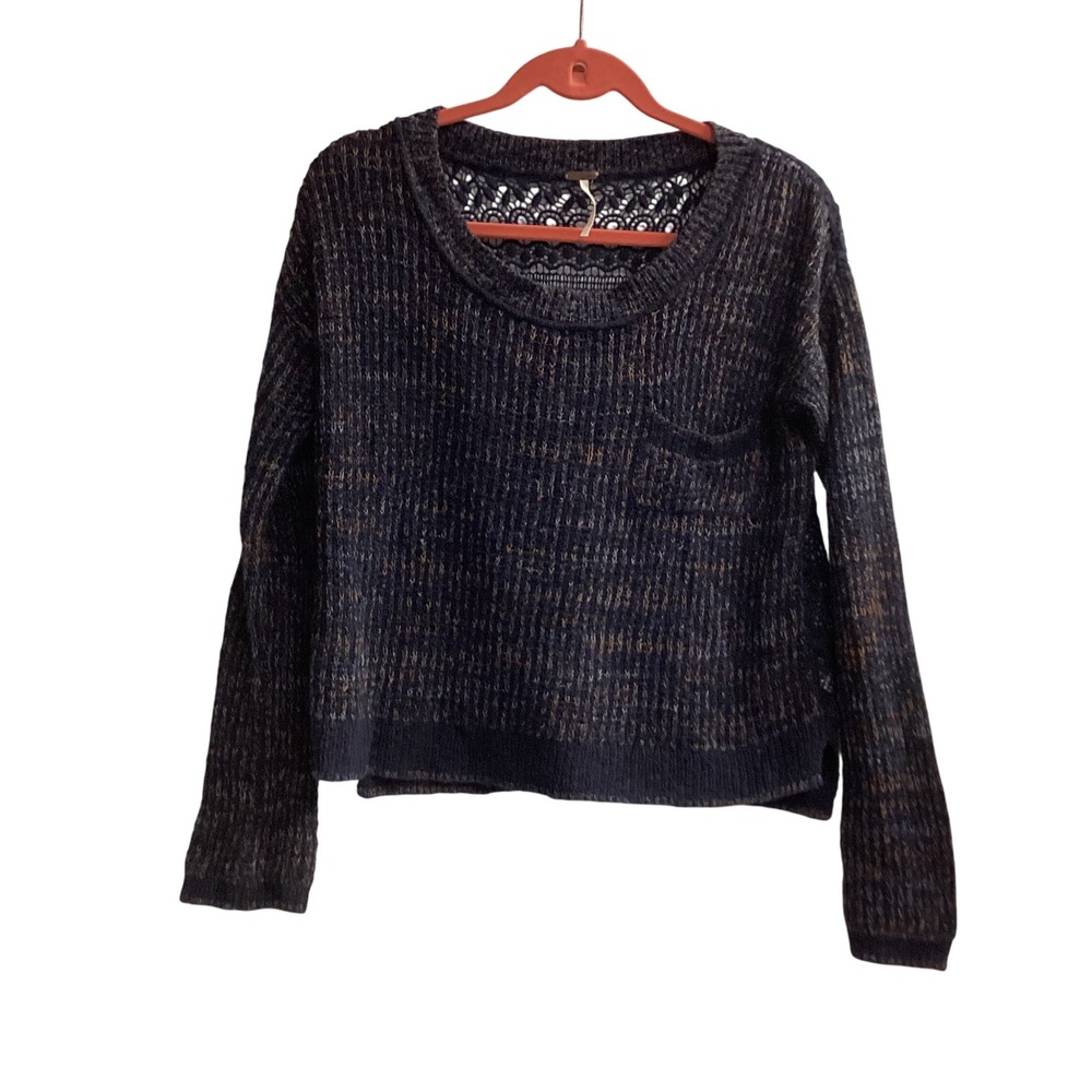Free People‎ Knit Sweater Long Sleeve Navy Crochet Back Detail Pullover Top XS